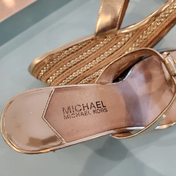 Michael Kors Gold Espadrilles. Gold Wedge heel slip on dress sandals. - Picture 10 of 11